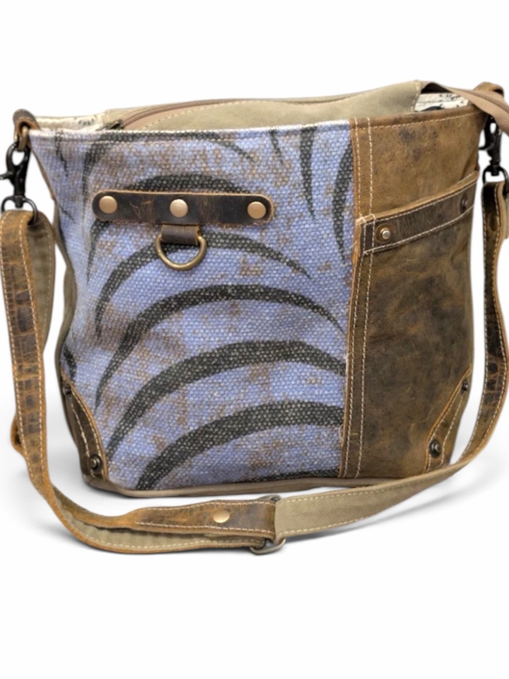Myra Bag Pristine Need Me Blue Black Canvas Distressed Leather Shoulder Bag